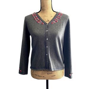 Cousin Johnny‎ Button Front Cardigan Gray Rosette Embroidered Size Small